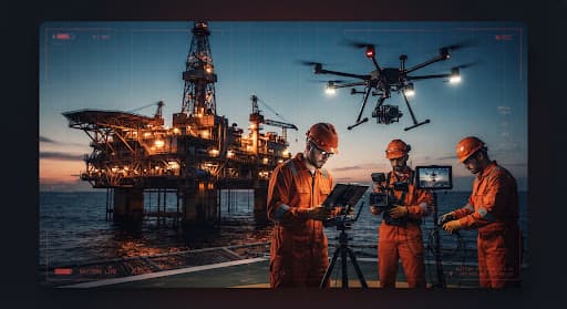 Industrial film crew operating a heavy-duty drone near an offshore oil rig at twilight