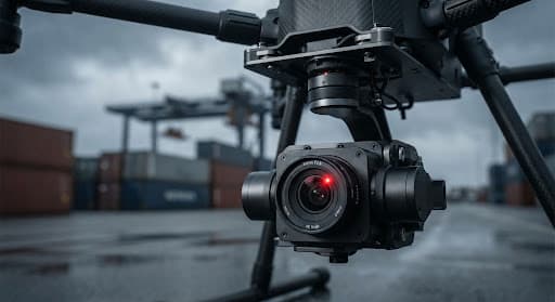 Industrial drone camera gimbal with red status light at a blurred shipping terminal