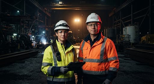 Two engineers in full PPE standing in a dark fabrication yard
