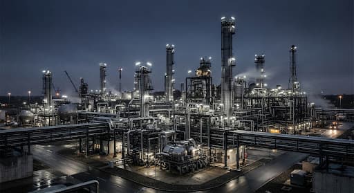 Wide shot of a refinery facility at dusk under industrial floodlights