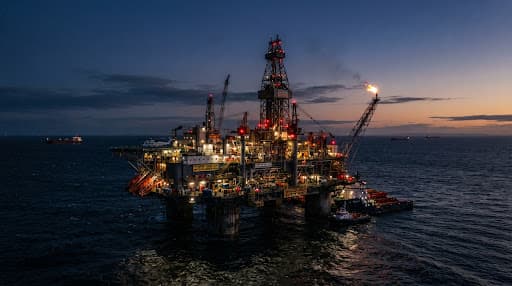 Offshore oil rig at twilight lit by dramatic industrial lighting