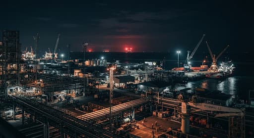 Industrial night scene of an oil and gas supply base in Kemaman, Malaysia